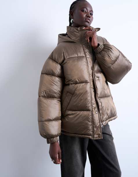 Topshop mid length funnel neck puffer jacket in brown - view 1