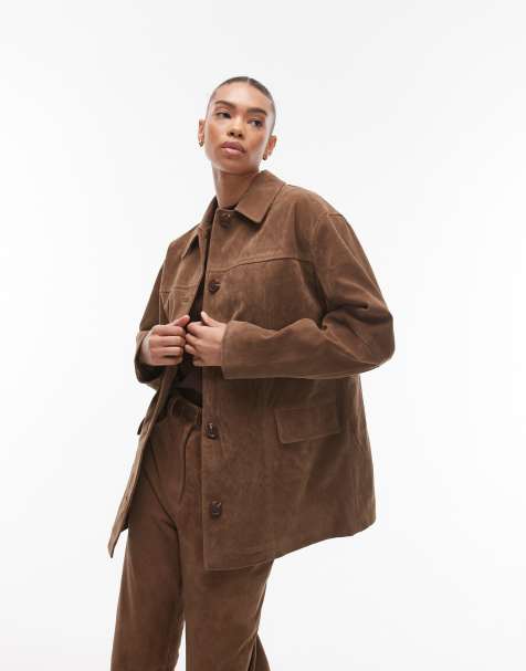 Topshop mid length high break faux suede jacket in brown - view 1