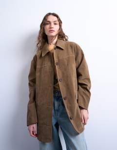 Mid length high break faux suede jacket in brown