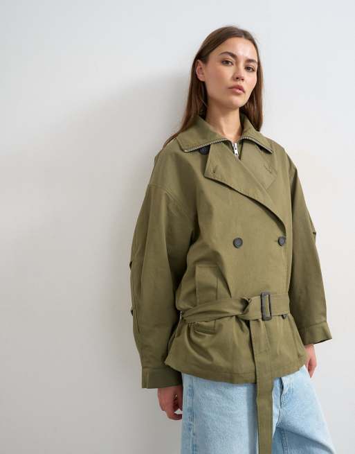 Topshop mid length oversized belted trench in green, 2 of 4