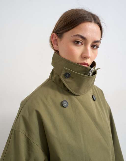 Topshop mid length oversized belted trench in green, 4 of 4