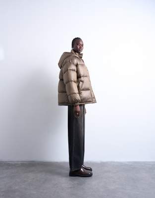 Topshop Mid Length Puffer Jacket In Brown