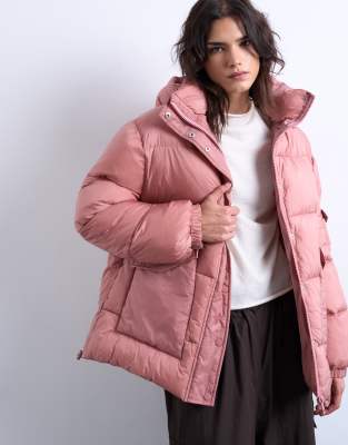 Topshop Mid Length Puffer Jacket In Pink