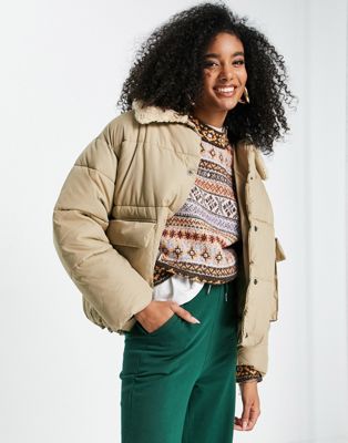 Topshop mid length puffer jacket with borg collar in camel