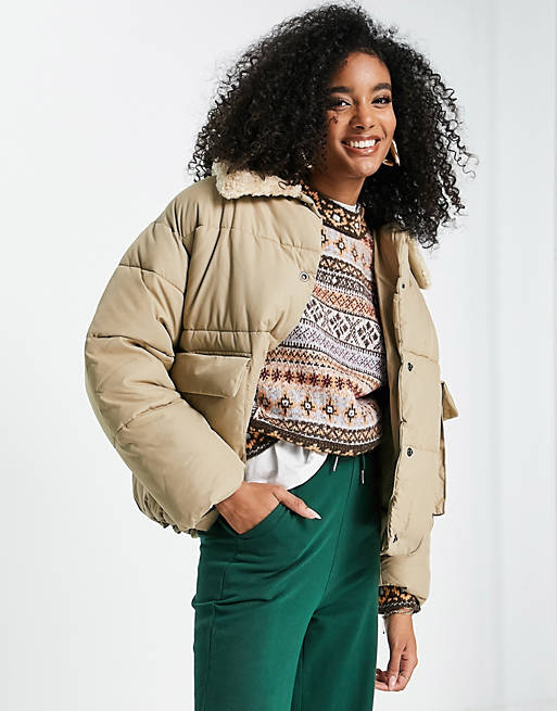 Women Topshop mid length puffer jacket with borg collar in camel 