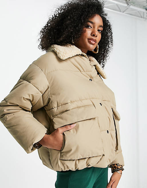 Women Topshop mid length puffer jacket with borg collar in camel 