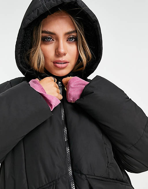 Women Topshop mid length puffer jacket with borg lined hood in black 