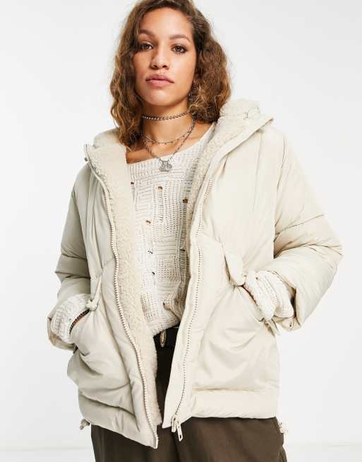 Topshop mid length puffer jacket with fleece lined hood in off white, 3 of 4