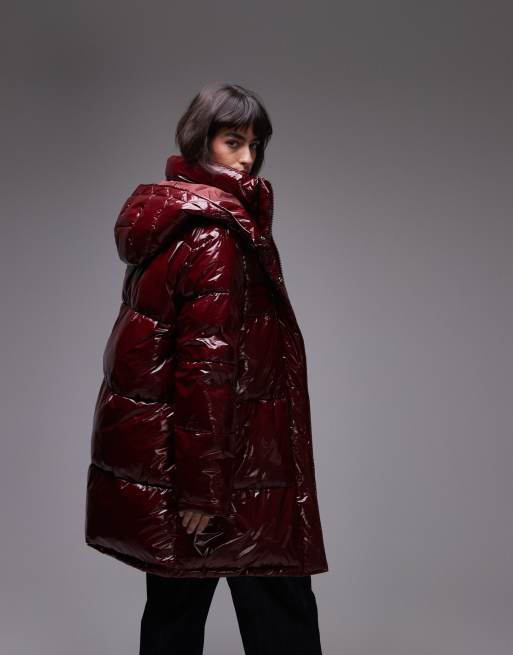 Topshop mid length puffer jacket with hood in burgundy