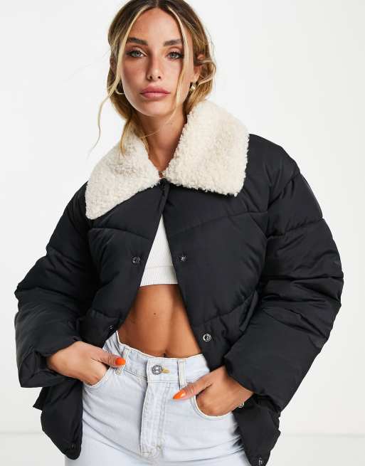 Topshop mid length puffer jacket with sherpa collar in black | ASOS