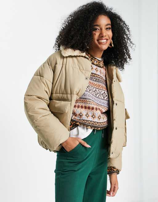 mid length puffer jacket with sherpa collar in camel ASOS
