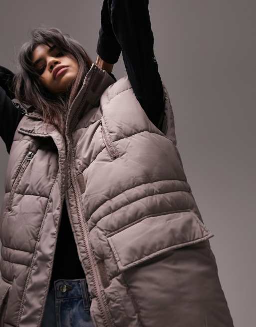 Topshop mid length puffer vest in taupe