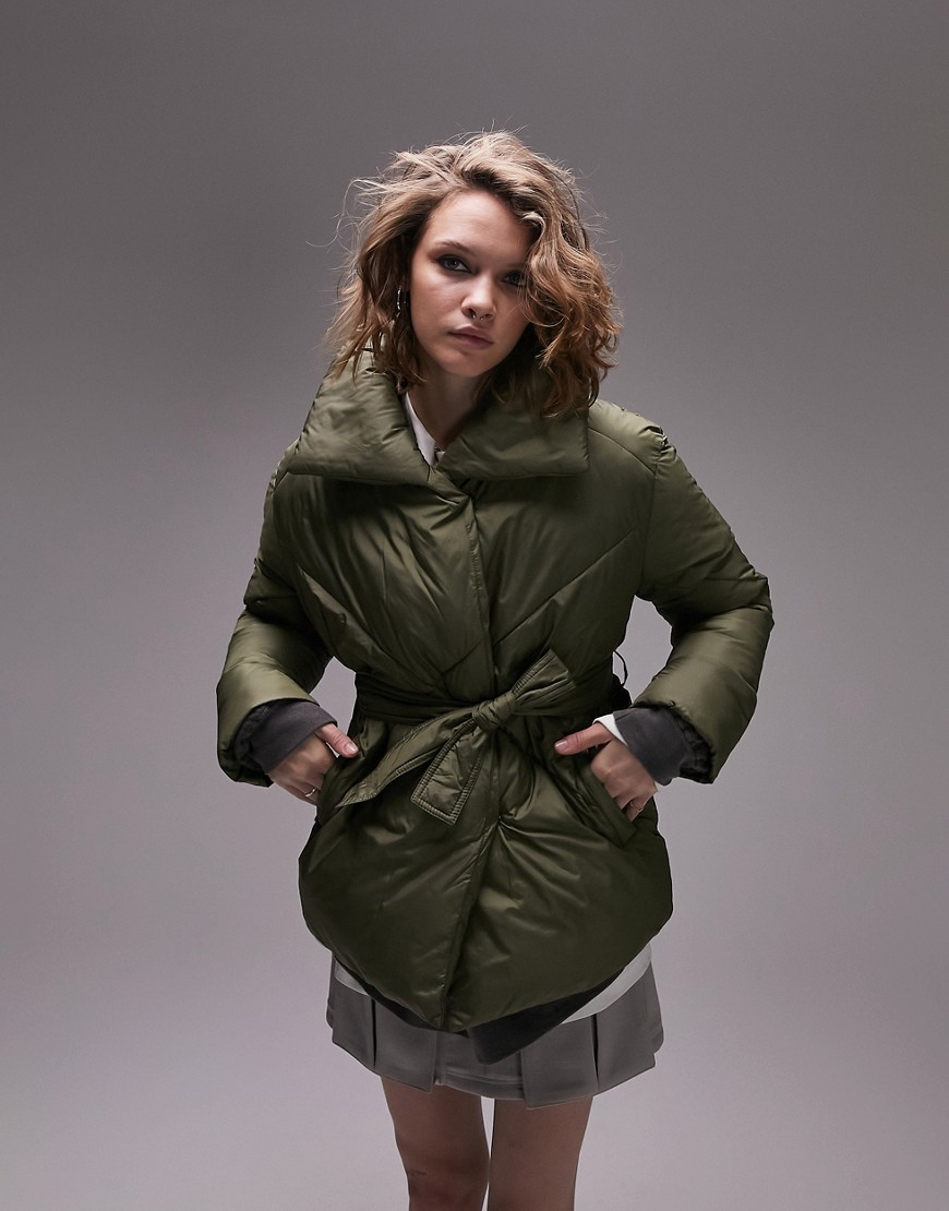 Topshop mid length tie belted puffer jacket in forest green