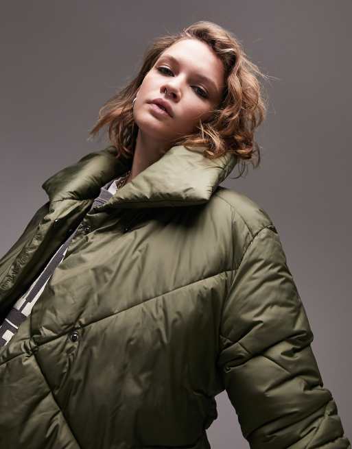 Topshop Tall longline puffer jacket in forest green