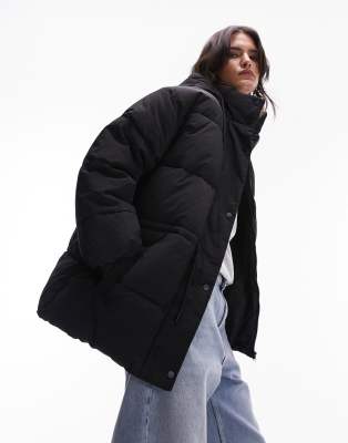 Topshop mid length tie waist puffer jacket in black