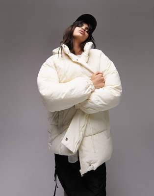 Topshop Mid Length Tie Waist Puffer Jacket In Cream-white