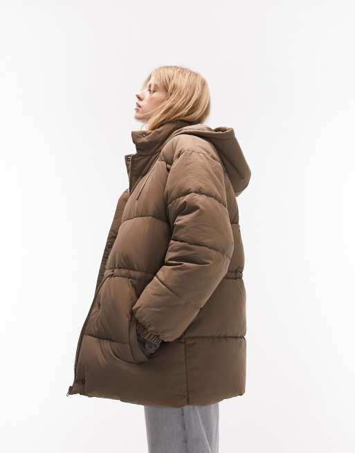 Topshop mid length tie waist puffer jacket in mushroom