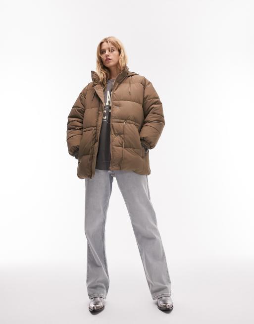 Topshop mid length tie waist puffer jacket in mushroom