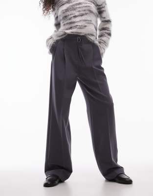 Topshop Mid Rise Balloon Pleated Tailored Pants In Slate-brown