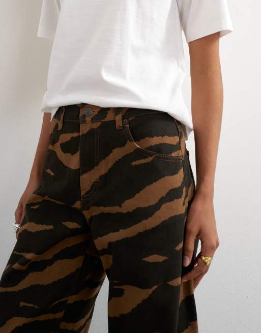 Topshop mid rise barrel jean in brown zebra print, 4 of 5