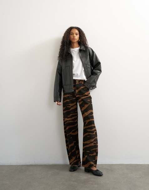 Topshop mid rise barrel leg jeans in brown zebra print - view 1