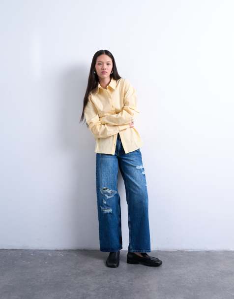 Topshop mid rise cinch jeans with knee rips in mid blue - view 1