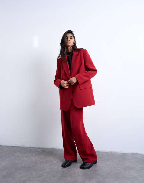 Topshop mid-rise clean straight pants in cherry red (Part of a set) - view 1