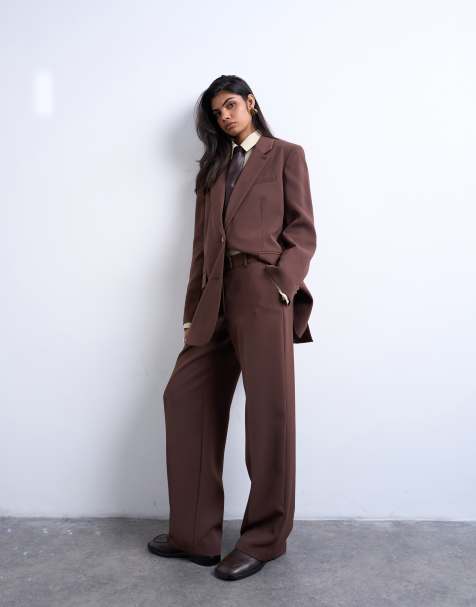 Topshop mid-rise clean straight pants in chocolate (Part of a set) - view 1
