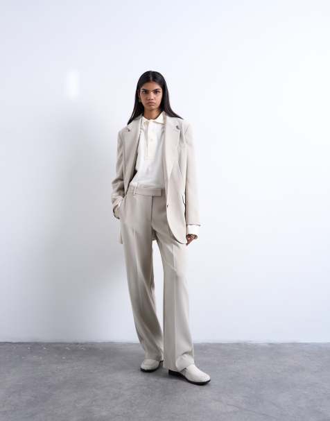 Topshop mid rise clean straight pants in stone - part of a set - view 1