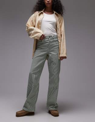 Topshop Stripe Mid Rise Column Jeans In Green