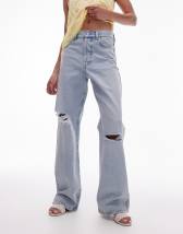 Topshop Mid Rise Column Jeans With Rips In Vintage Blue