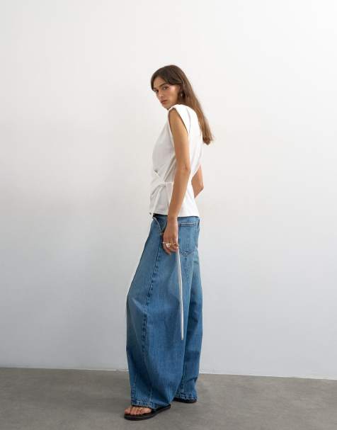 Topshop mid-rise darted horseshoe barrel jeans in mid blue - view 1