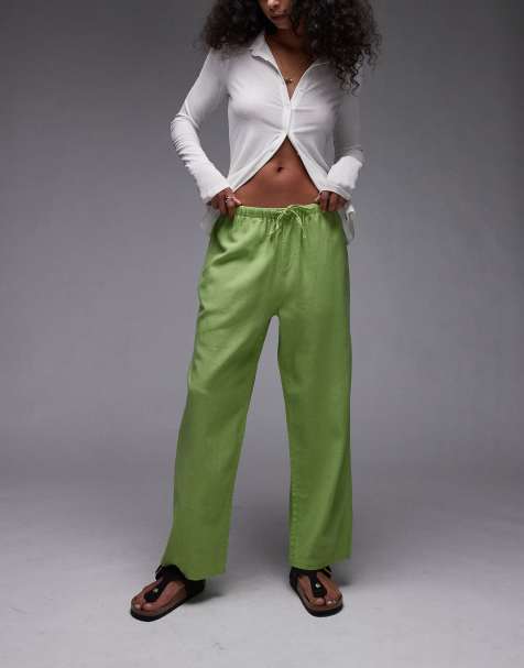 Topshop mid rise linen awkward length pants in green - view 1