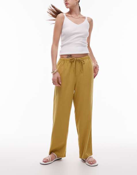 Topshop mid rise linen awkward length pants in lime green - view 1