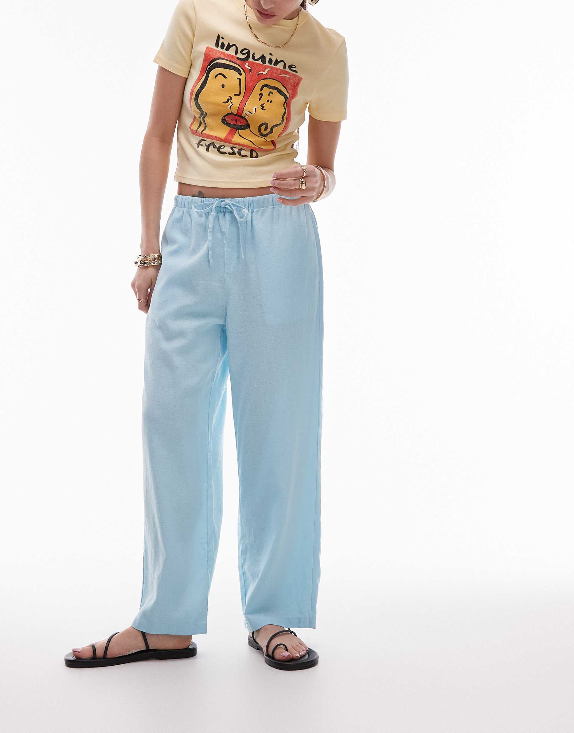 topshop mid rise linen awkward length pants in powder blue