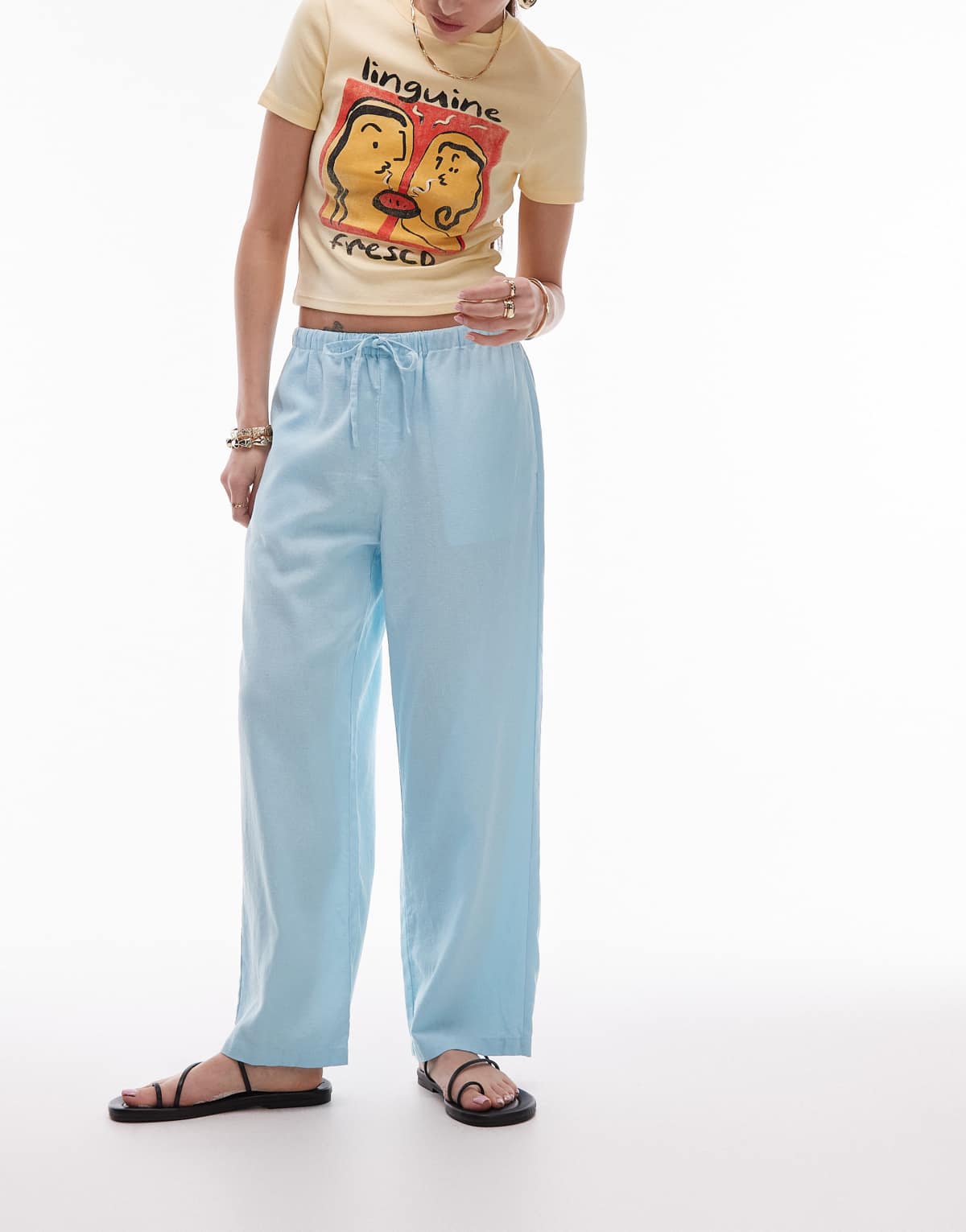 Topshop mid rise linen awkward length trouser in powder blue