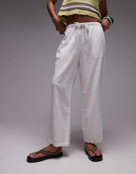 Topshop mid rise linen awkward length trouser in white - view 1