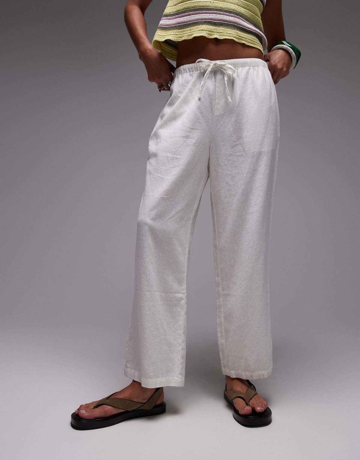 Topshop mid rise linen awkward length trouser in white