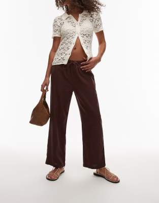 Topshop mid rise linen blend awkward length pants in chocolate-Brown