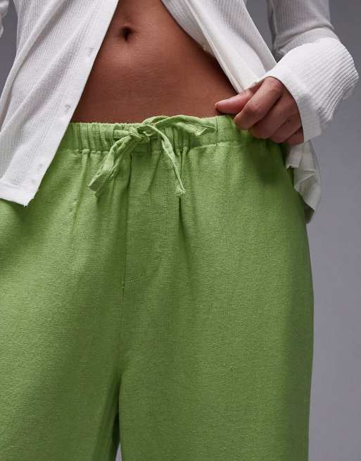 Topshop mid rise linen blend awkward length pants in green, 2 of 5
