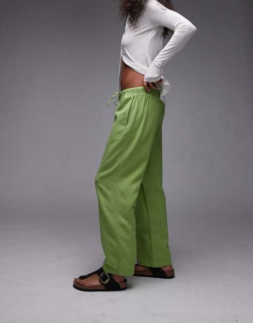 Topshop mid rise linen blend awkward length pants in green, 3 of 5