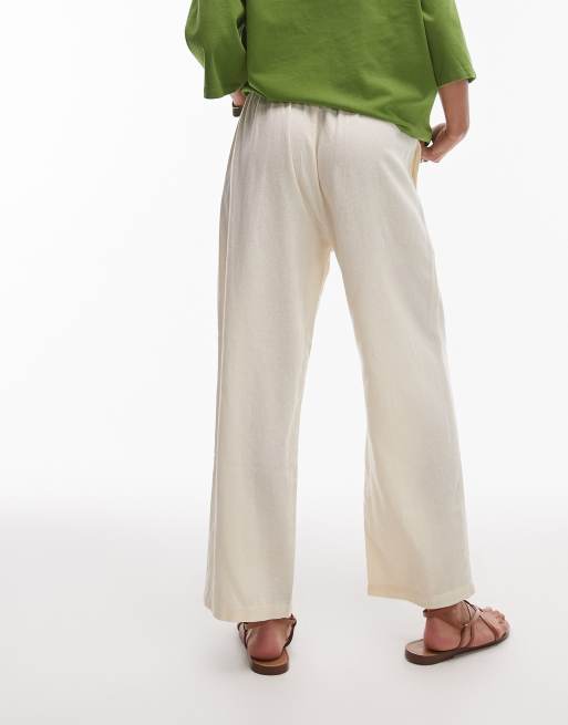 Topshop mid rise linen mix awkward length pants in buttermilk, 3 of 5