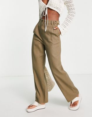 Topshop mid rise linen straight leg button detail trouser in khaki