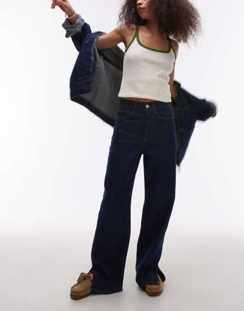Topshop mid rise loose fit jean with split front in rinse indigo - view 1