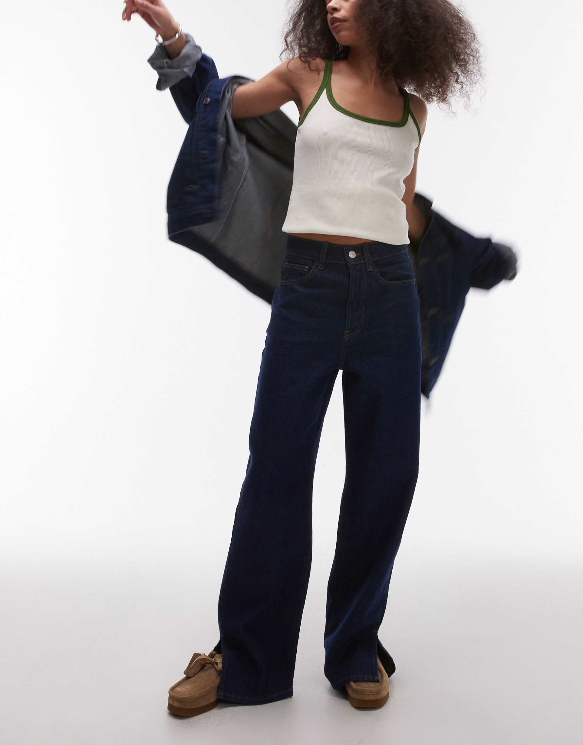 topshop mid rise loose fit jean with split front in rinse indigo