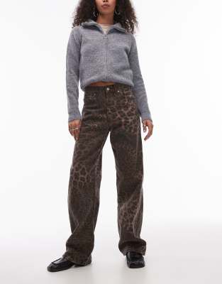Topshop mid rise loose fit straight jean in brown leopard print