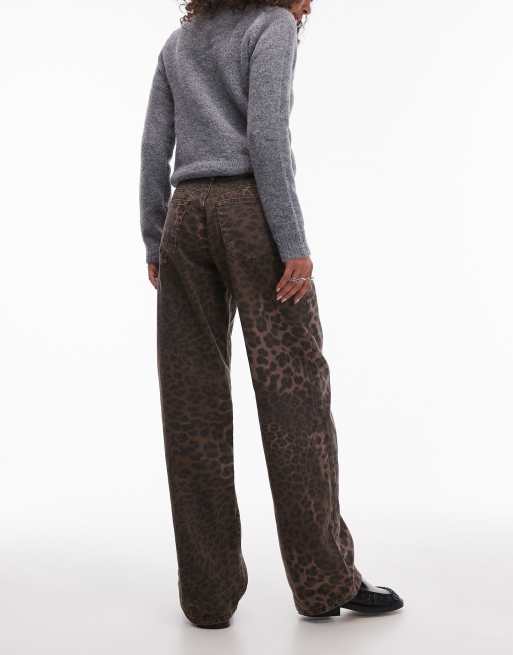 Topshop mid rise loose fit straight jean in brown leopard print, 2 of 5