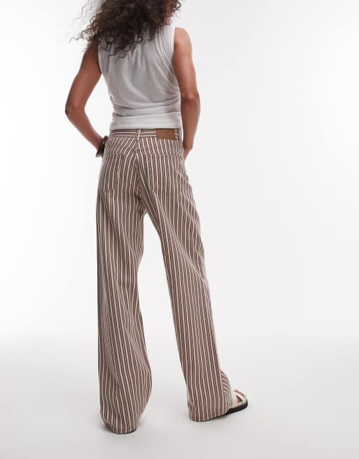 Topshop mid rise loose fit straight jeans in burgundy and buttermilk stripe