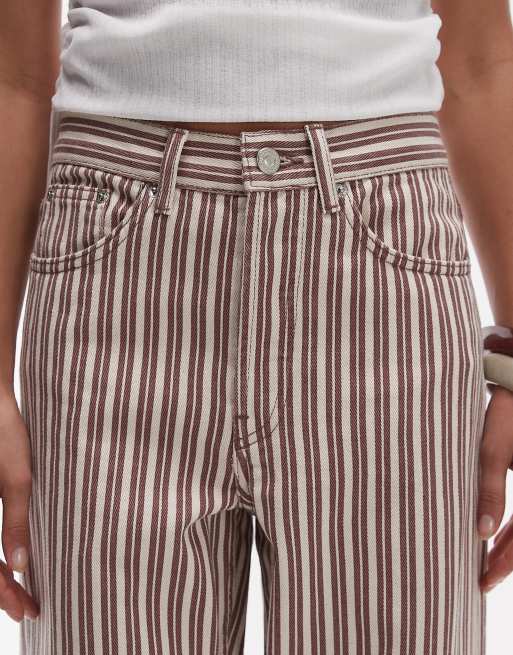 Topshop mid rise loose fit straight jeans in burgundy and buttermilk stripe