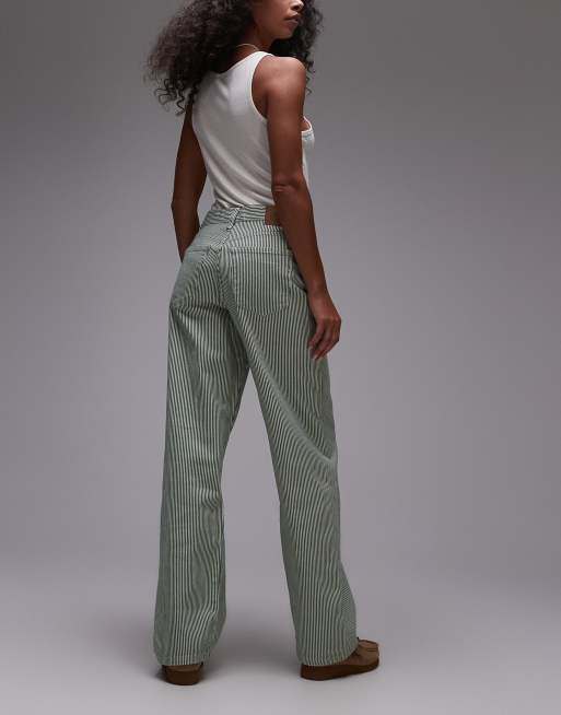 Topshop mid rise loose fit straight jean in green stripe